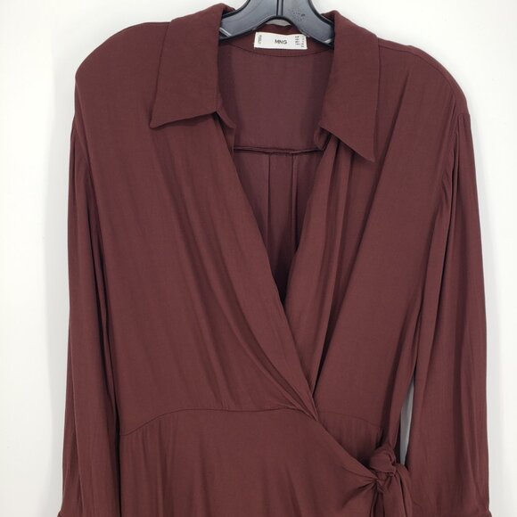 MNG Mango Bow Wrap Mini Dress 8 Long Sleeve Collared Shirt Style Brown - Picture 5 of 11